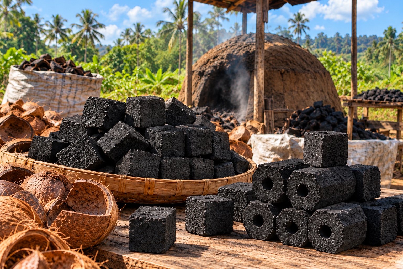Coconut-shell charcoal briquettes in cubic and hexagonal forms